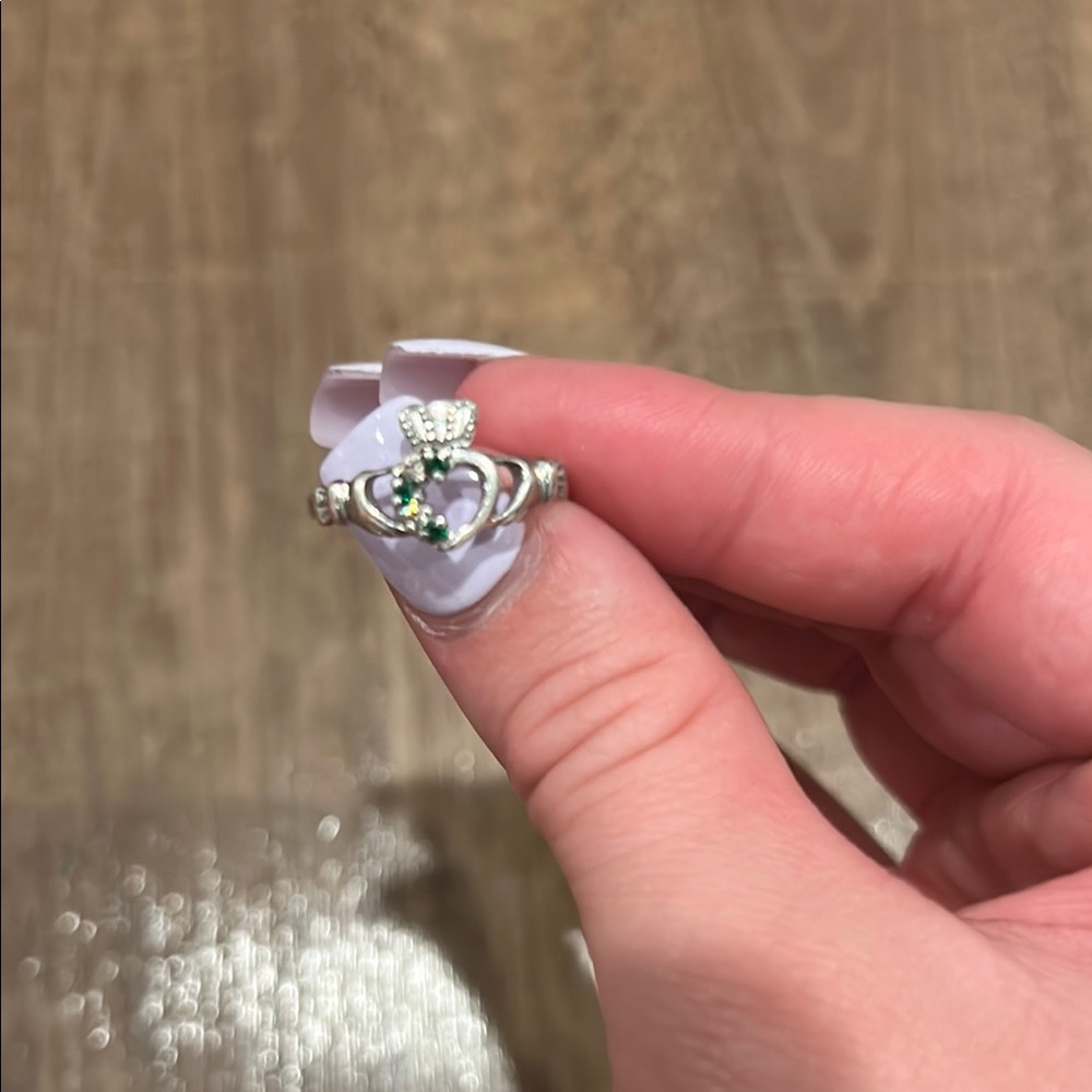 Silver and Emerald Heart Claddagh Ring